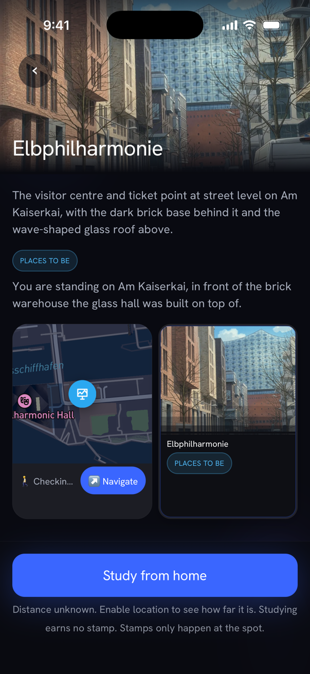 Elbphilharmonie in der Urban-Passport-App: Kartenbild, Hinweis und Karte