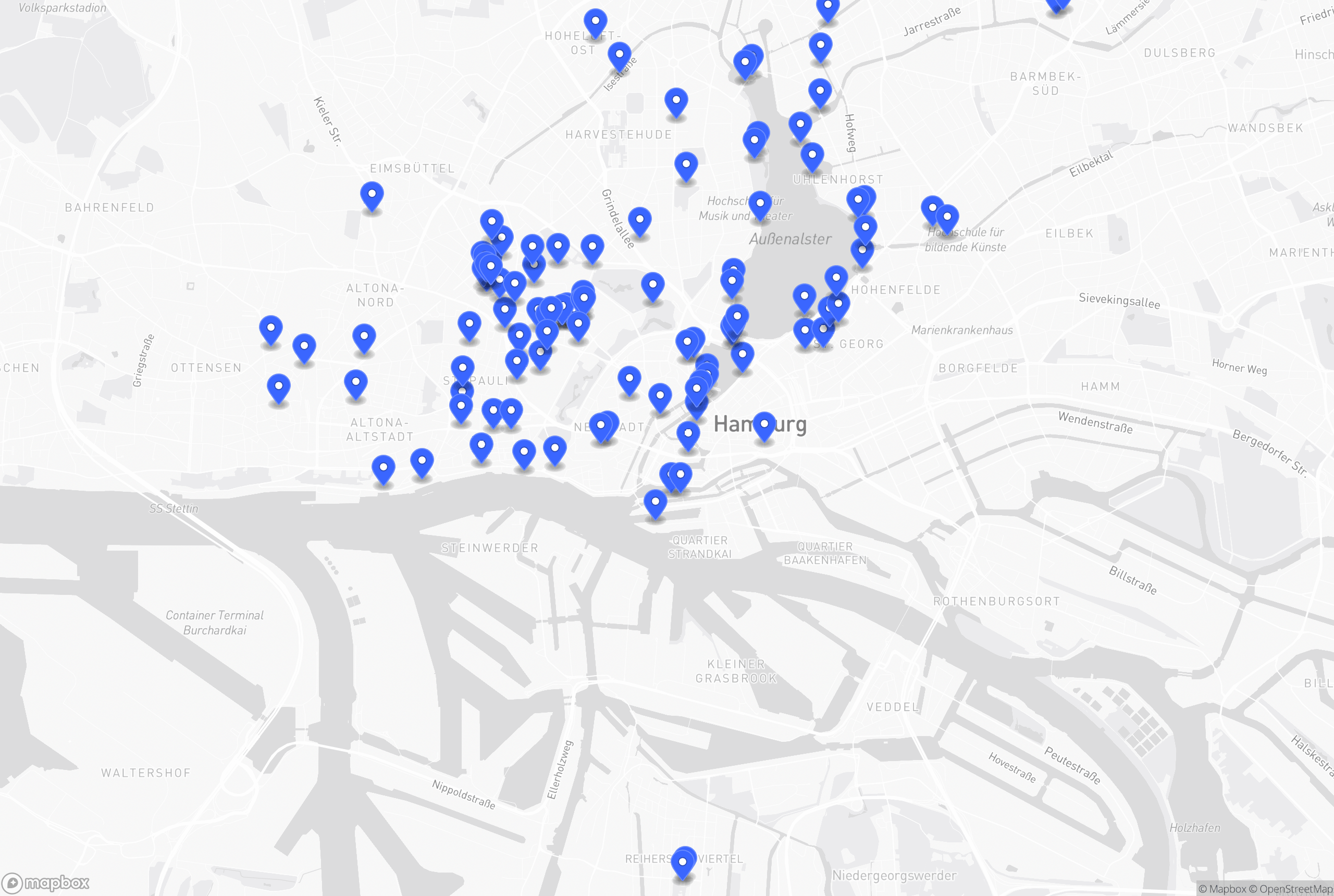 Karte von Hamburg mit blauen Markierungen von Altona über St. Pauli und die Neustadt bis zur Außenalster und Uhlenhorst
