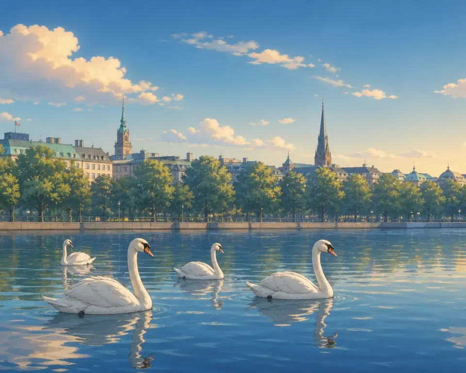 Weiße Schwäne auf dem Wasser der Schwanenwik-Bucht an der Außenalster, dahinter Bäume und Häuser in Hamburg